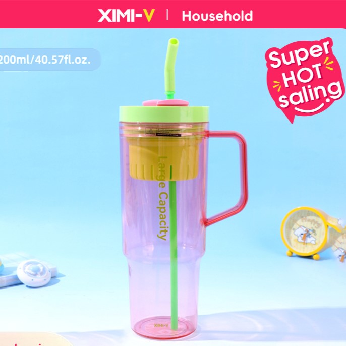 كوب ترمس بلاستيك كبير جدًا مع شفاطة (وردي)