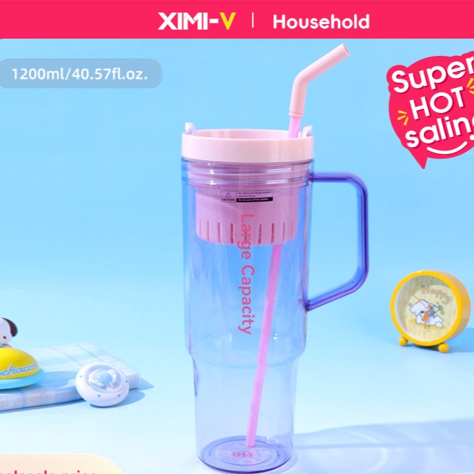 كوب ترمس بلاستيك كبير جدًا مع شفاطة (وردي)