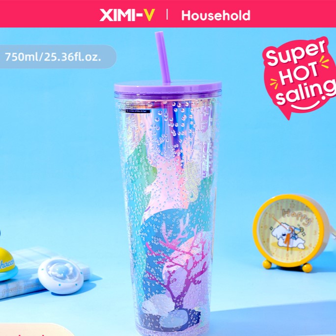 كوب بلاستيك كبير السعة إبداعي مع شفاطة (بنفسجي)