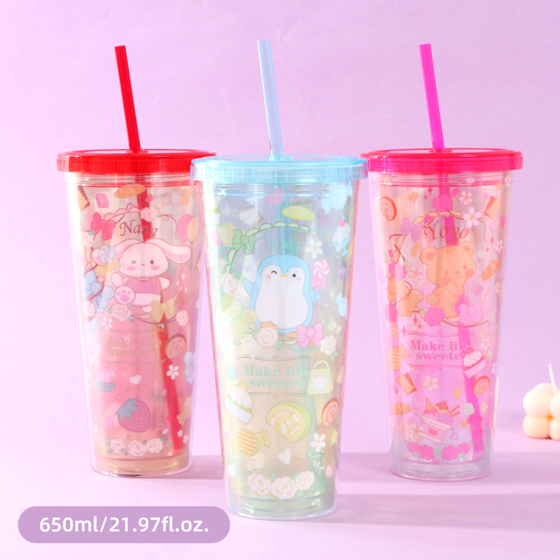 كوب بلاستيك بطبقتين من سلسلة الحلويات مع شفاطة