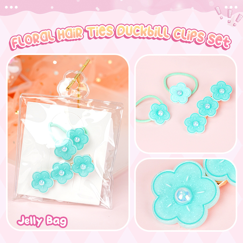 طقم رباطات شعر زهرية سلسلة الجيلي مع مشابك بطة (أخضر)