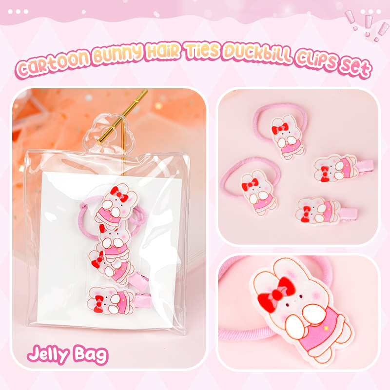 طقم رباطات شعر أرنب كرتوني برأس دب سلسلة الجيلي (وردي)