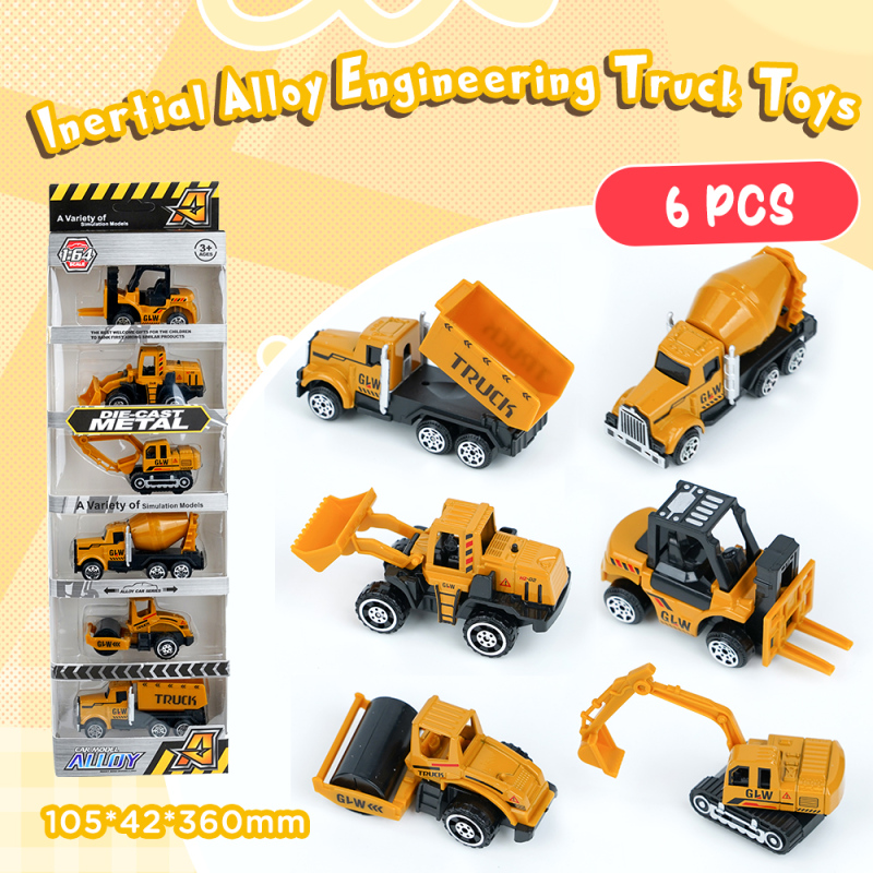 مجموعة شاحنات هندسية سبيكة بالقصور الذاتي 1:60 عدد 6 قطع (أصفر)