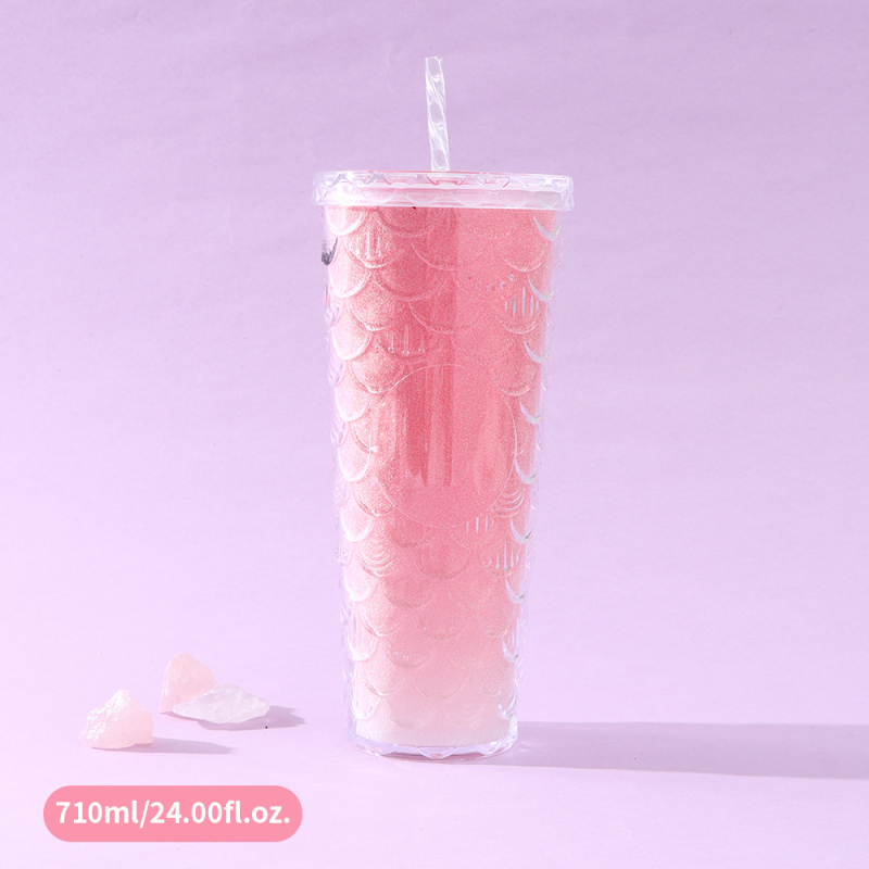 كوب بلاستيك بطبقتين من سلسلة قشور السمك مع شفاطة (وردي)