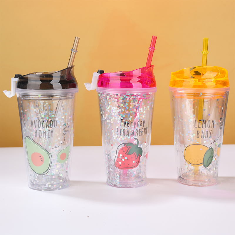 كوب بلاستيك بطبقتين من سلسلة الفواكه بغطاء قلاب