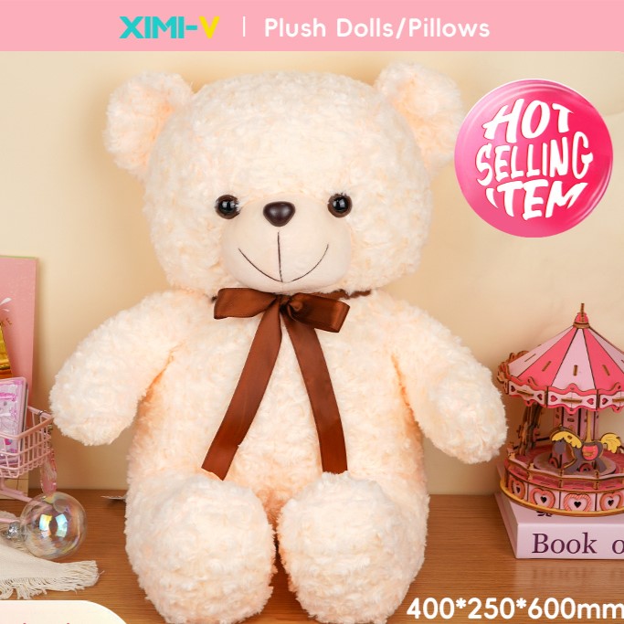 دمية دب مخملي بشرائط الورد (كبير) (60 سم) (أبيض)