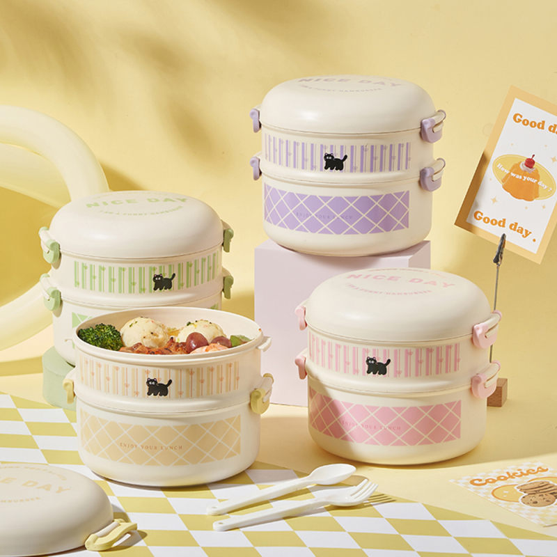 علبة غداء مستديرة مزدوجة الطبقات ستايل الدوبامين