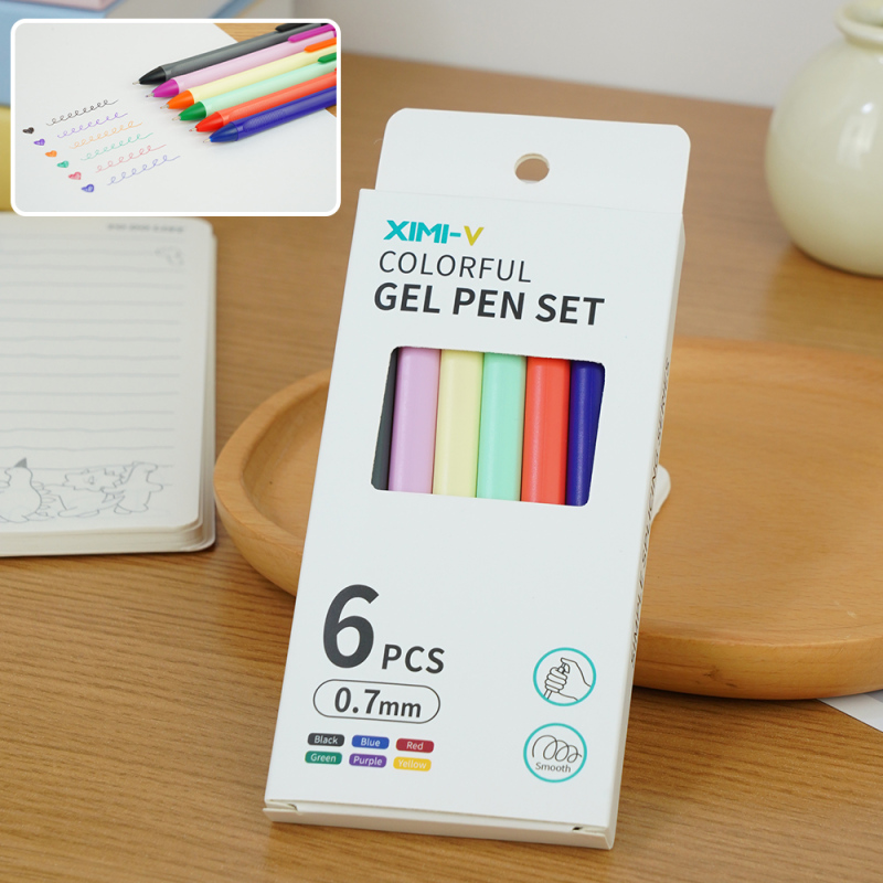 طقم أقلام جل ملونة سلسلة بسيطة 0.7مم 6 قطع
