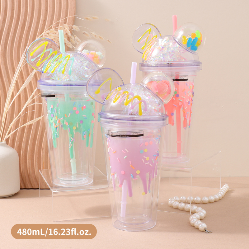 كوب بلاستيك بطبقتين بتزيين آذان ذهبية (ميكي)