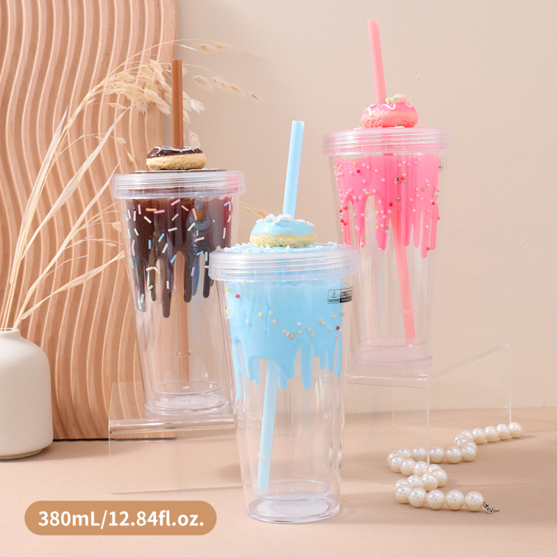 كوب بلاستيك دونات مسطح بغطاء علوي بطبقتين