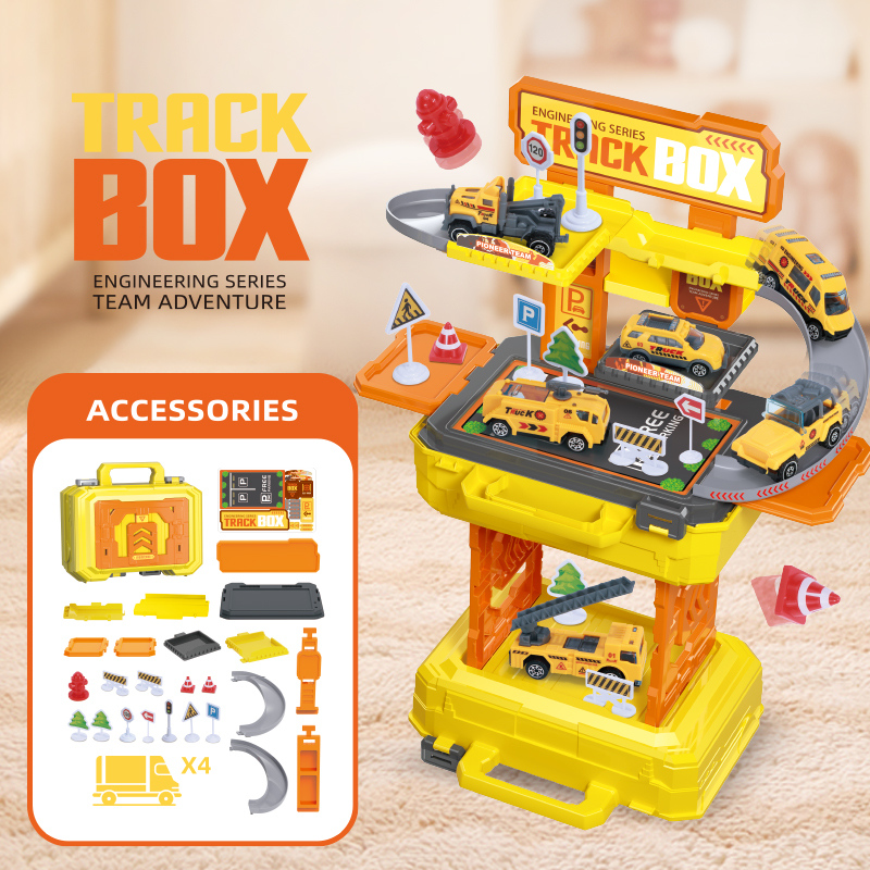 لعبة مسار هندسي مع صندوق تخزين – 4 شاحنات – أصفر