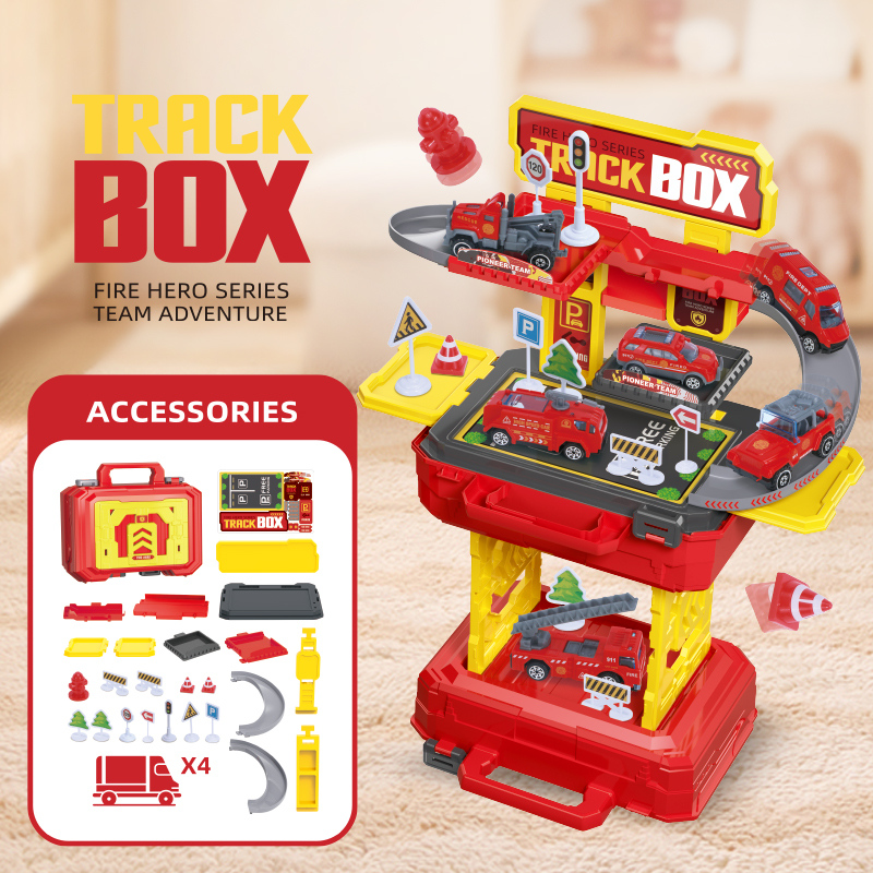 لعبة مسار إطفاء الحرائق مع صندوق تخزين – 4 شاحنات – أحمر