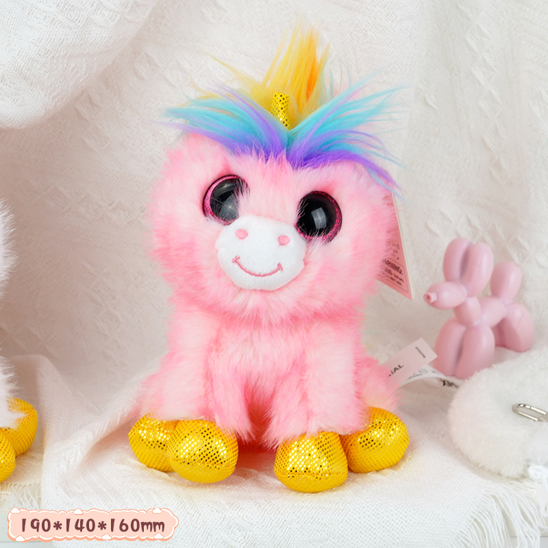 دمية حصان وردي جالس بشعر ملون حجم صغير ١٩ سم