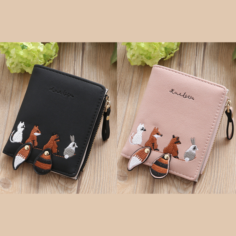 محفظة نسائية مزدوجة الطي بتطريز حيوانات مبتكر