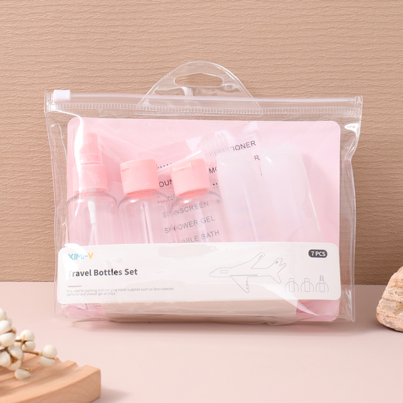 مجموعة زجاجات توزيع شفافة وردية للسفر 7 قطع / طقم C