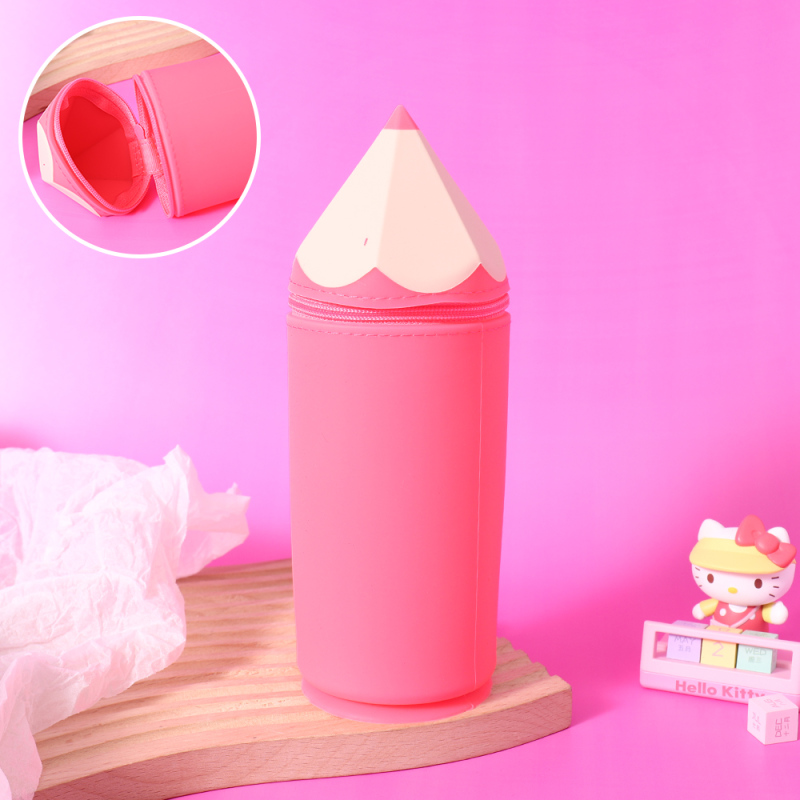 حقيبة قلم سيليكون على شكل قلم رصاص (أحمر وردي)