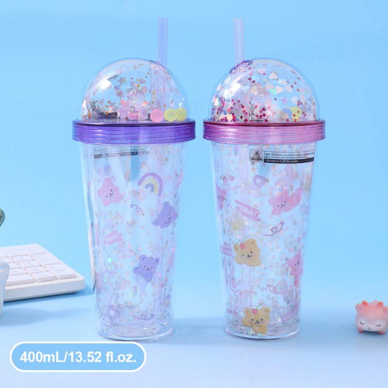 كوب بلاستيك بطبقتين بتصميم الدب مع شفاطة