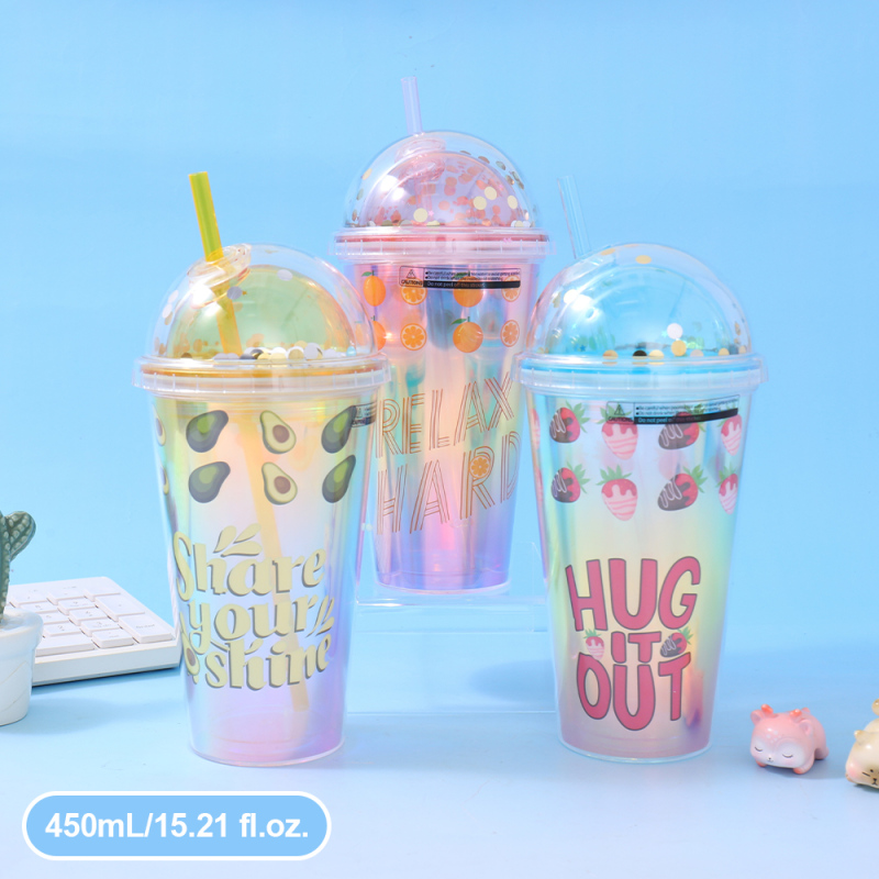 كوب بلاستيك بطبقتين لفواكه بتصميم الليزر مع شفاطة