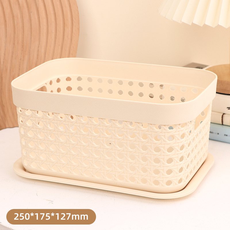 صندوق تخزين بلاستيكي بتصميم نسج الخيزران (أبيض) (صغير)