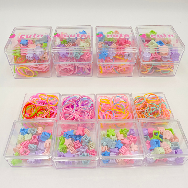 مشابك شعر مخلب صغيرة بطبقتين في علبة مربعة مع رباطات شعر ملونة