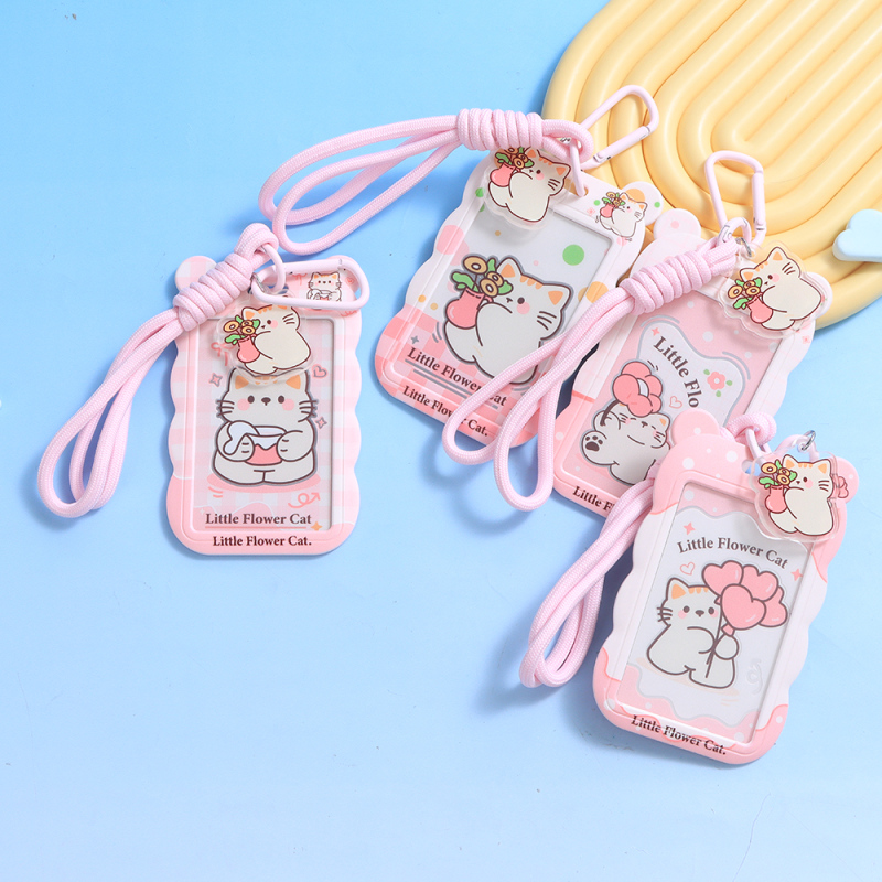 حامل بطاقة بخيط قصير على شكل قطة وردية