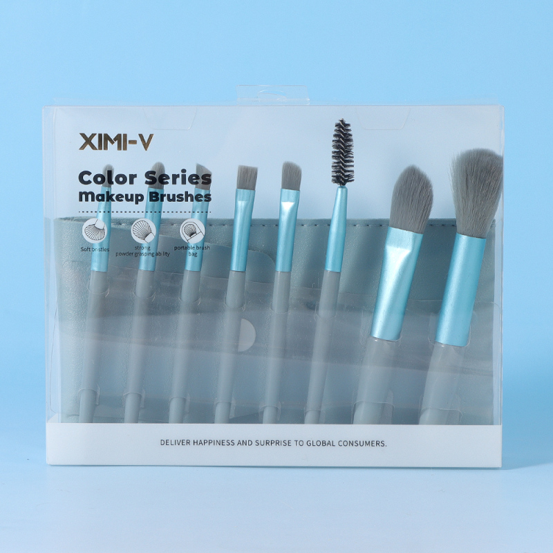 فراشي مكياج سلسلة الألوان 8 قطع مع حقيبة جلد (أزرق)