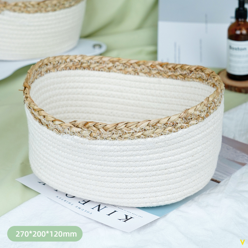 حاوية تخزين قماشية بيضاوية بحبل من القش (كبيرة)