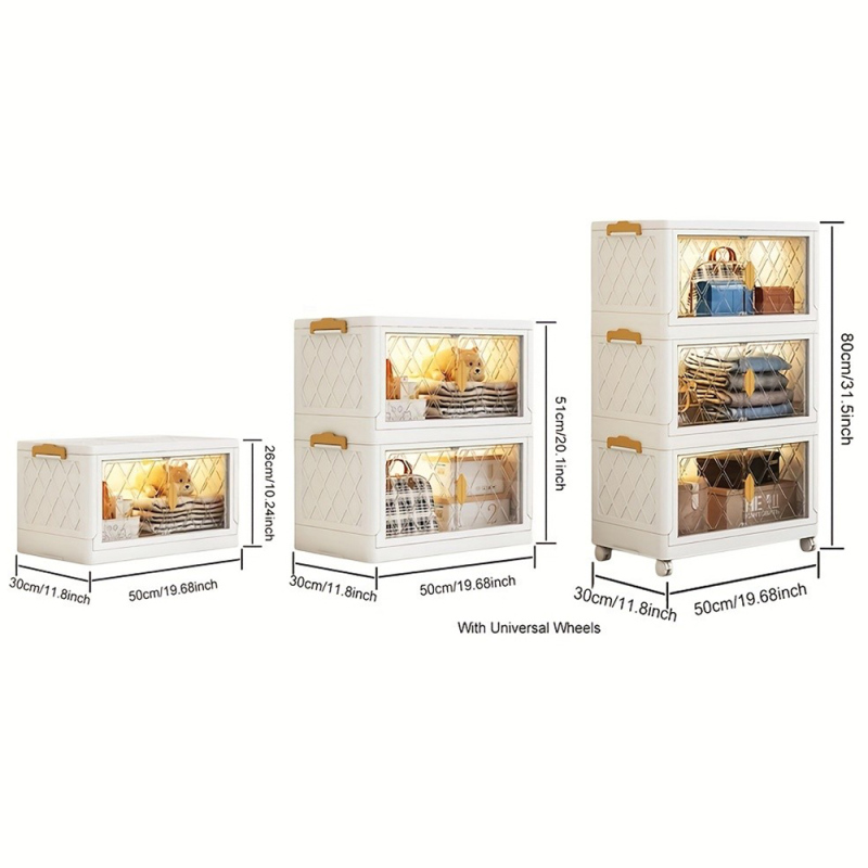 صناديق تخزين بلاستيكية قابلة للطي بباب مزدوج مع أغطية طبقتين (أبيض)